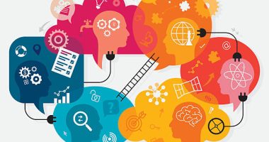 Vibrant vector illustration depicting online training. The main elements of illustration are overlapping speech bubbles, placed on light gray background creating a circular composition. Inside of each speech bubble there is a human head and different icons related with education, training, learning and thinking. There are icons like: open window for new perspectives; ladder for "step by step" improvement; magnifying glass for searching and detailed looking; puzzles for right solutions; target for aspirations and goals; question mark for questioning; electric bulb for great ideas; water pipe with drop for new knowledge  ect. Speech bubbles are connected, that is showing the cooperation and teamwork in between participants. Illustration is very eye catching and nicely layered.